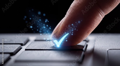 Glowing blue checkmark icon on laptop keyboard, finger pressing digital confirmation button, secure online transaction concept