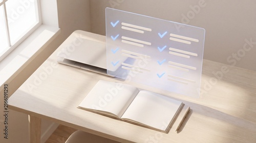 Futuristic digital checklist hologram over wooden desk, virtual task management interface, minimalist home office productivity concept