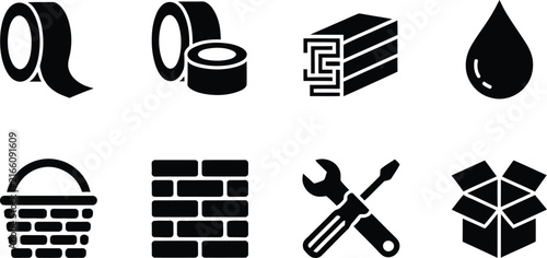 Set of eight black icons representing various construction and utility items