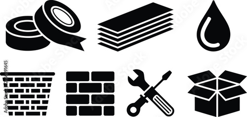 Set of six black icons for home improvement and construction materials