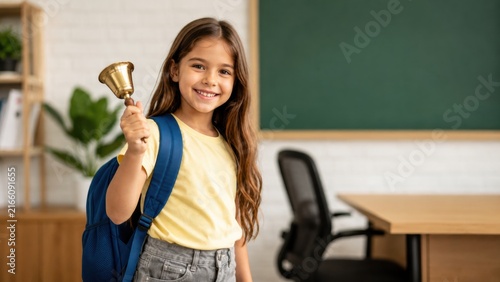 Happy little girl student with backpack holding school bell in classroom, ready for new academic year.