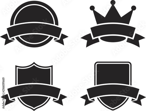 Four Different Royal And Shield Style Badges With Banners And Transparent Background