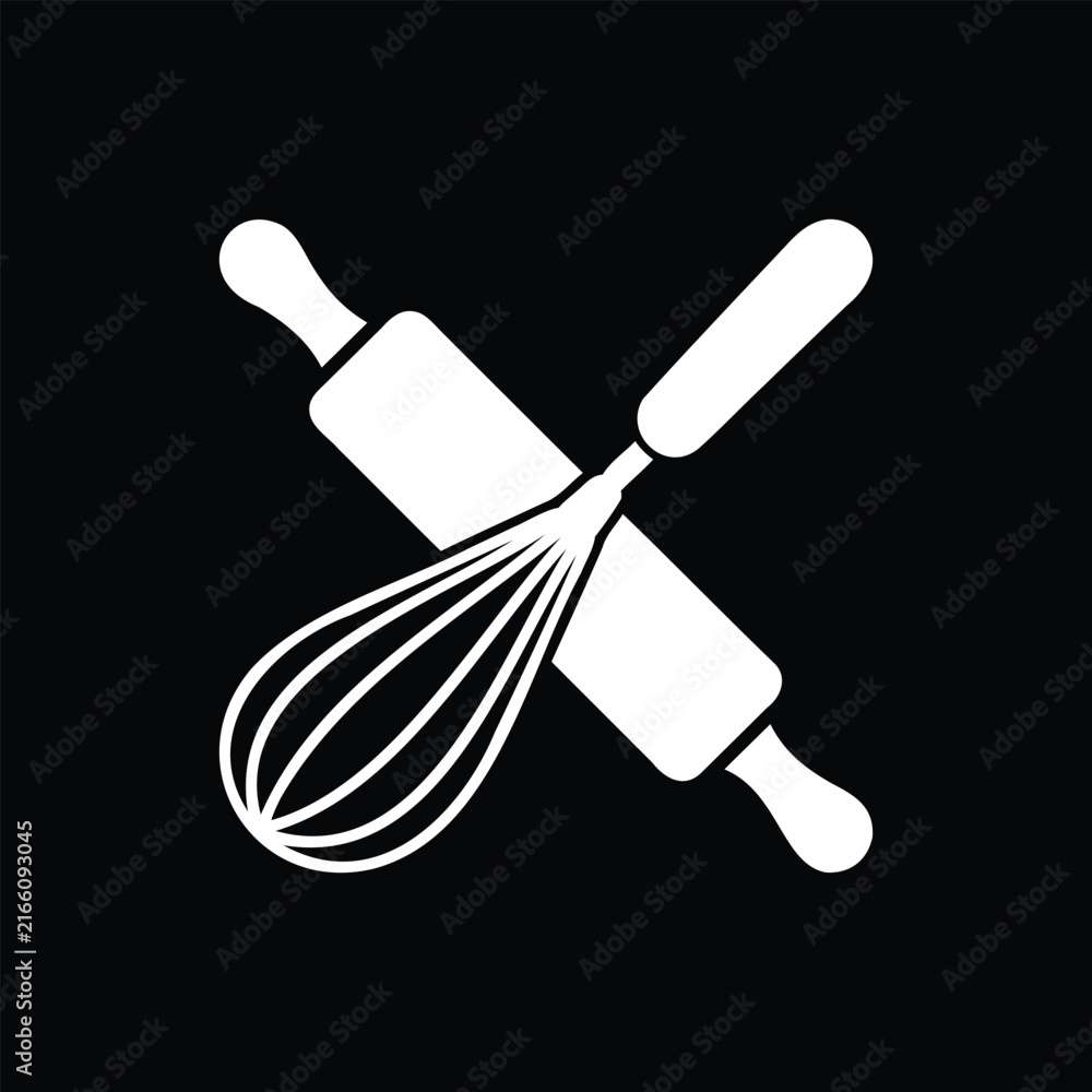 Fototapeta premium Bakery Whisk Rolling Pin Vector Icon, Pastry Chef Branding Logo, Kitchen Utensil Graphic