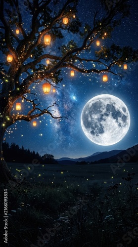 Mid autumn festival landscape featuring large tree decorated with glowing lanterns, huge full moon, starry sky with Milky Way and winding path through valley.