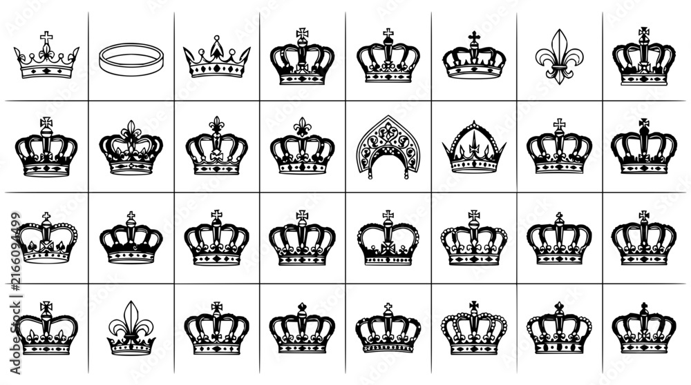 Fototapeta premium Crown designs set with ornate gold and silver vector illustrations featuring regal symbols, jewels, and filigree with vintage and modern styles and intricate details