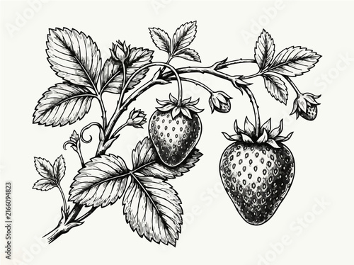 Strawberry plant botanical engraving vector illustration for organic food packaging and garden design isolated on white background