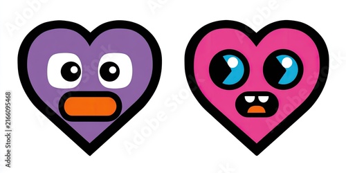 Two cartoon hearts with faces, one purple and one pink