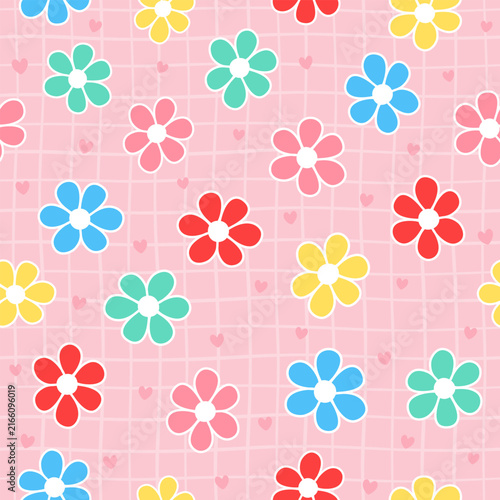 Colorful Floral Doodle Grid Seamless Pattern