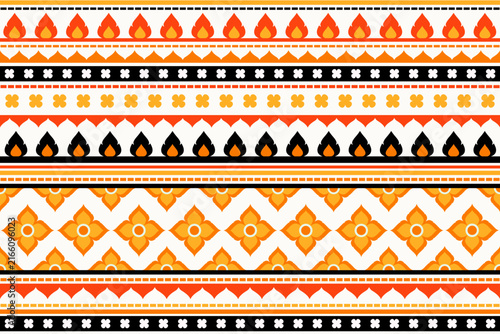 Seamless decorative pattern inspired by modern Thai textile design, featuring floral motifs, geometric stripe borders.