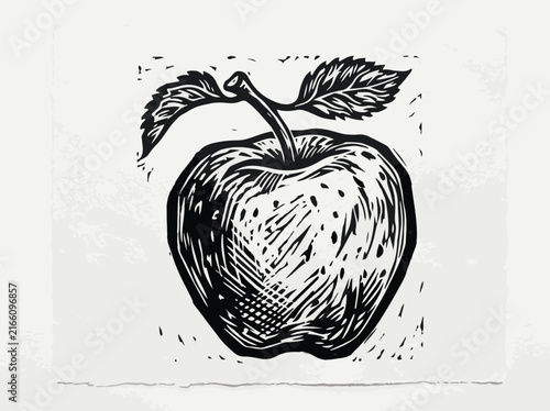 Apple fruit linocut style vector illustration for rustic food packaging or organic farm branding isolated on white background