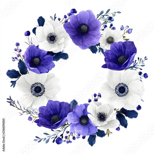 Floral wreath of white and purple anemones, detailed and elegant