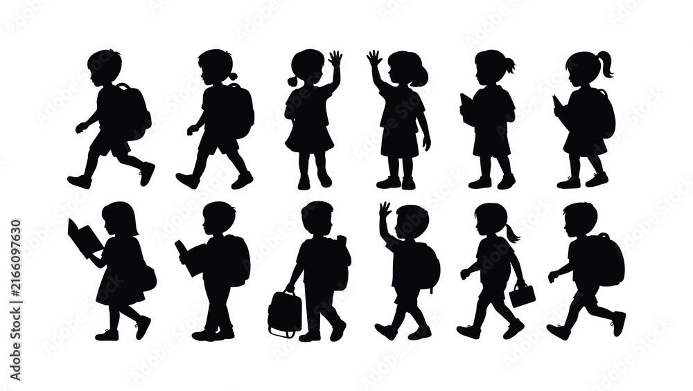 Obraz premium Collection of diverse children silhouettes walking with backpacks and books engaged in learning