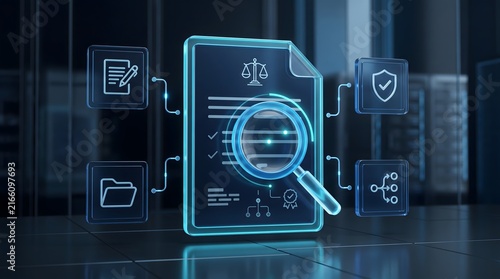 Holographic document and magnifying glass hovering in server room. Concept of legal compliance audit, and digital forensics investigation.