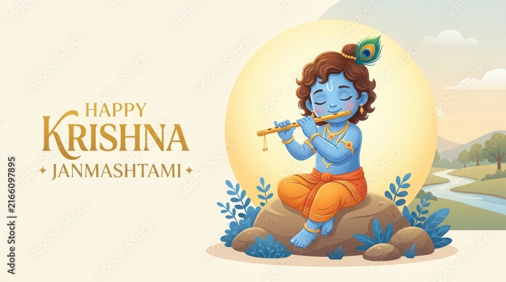 Naklejka premium Happy Krishna Janmashtami with baby Krishna playing flute sitting on rock in nature with river and mountains scenery.