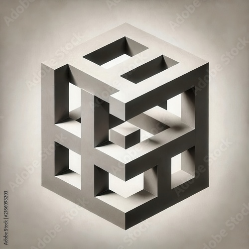 Monochrome impossible cube with interlocking geometric structure, deep shadows and optical illusion perspective