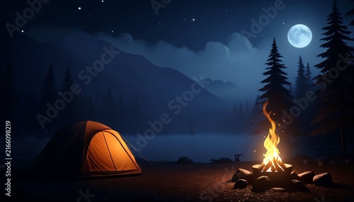 Moonlit mountain camping scene with glowing fire and tent