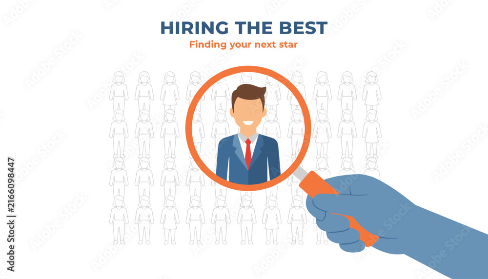 Obraz premium Hiring the best concept featuring a large magnifying glass focusing on one professional job candidate among a crowd of people.
