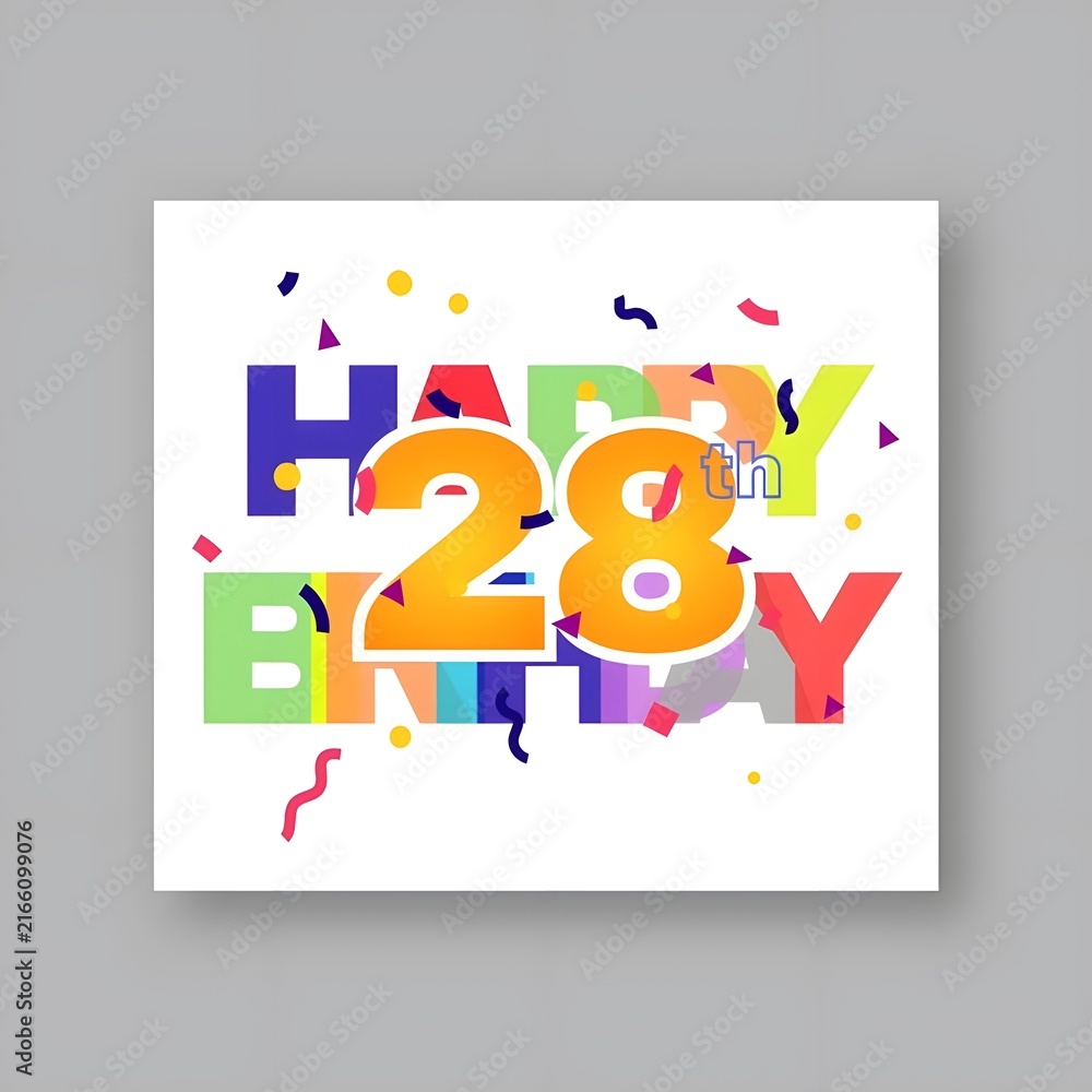 Fototapeta premium Colorful 28th Birthday Greeting Card with Confetti on Gray Background