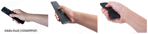 Photography Collage of three hands holding black remote controls, isolated on white backgrou