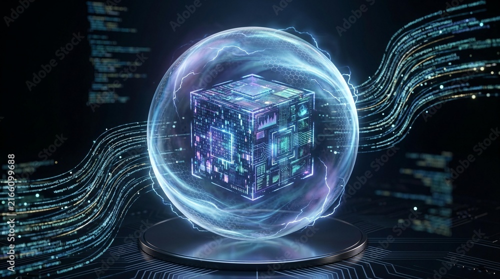 Fototapeta premium Glowing digital cube inside a protective energy sphere with data streams