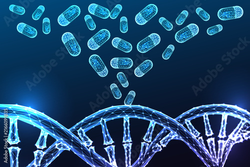 DNA Double Helix Pills Pharmacogenomic Drug Therapy Precision Medicine Glowing Blue Polygonal Vector