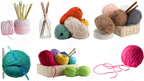 Obraz na plátně Set of colorful yarn balls and crochet hooks with a clean isolated transparent b
