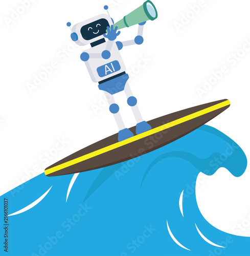Photography Artificial Intelligence robot surfing on ocean wave