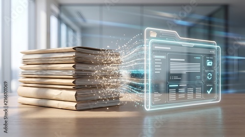 Digital transformation data migration showing physical paper folders converting into secure cloud document management system
