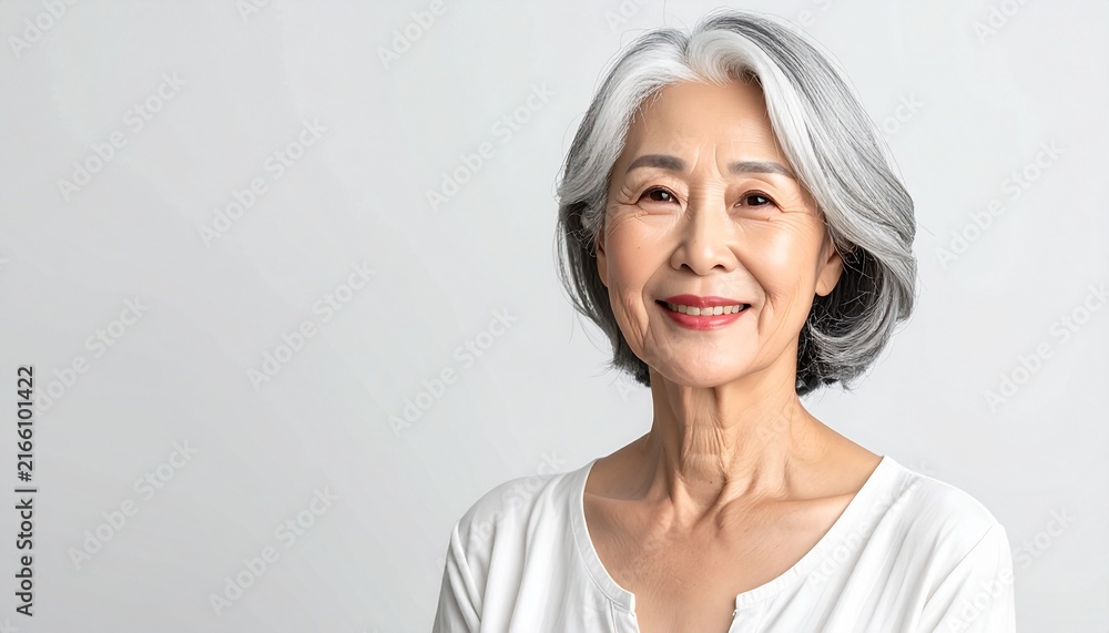 Fototapeta premium Dignified Korean Woman in Her 70s Portrait with White Hair on White Background