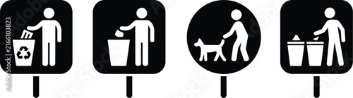 Recycling and waste disposal pictogram set featuring black silhouette bins with stands for trash management, recycling, sanitation, environmental protection and waste collection concepts.