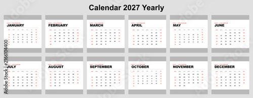 yearly planner 2027 calendar month red headers white template desk wall corporate stationery vector cards office event tracker