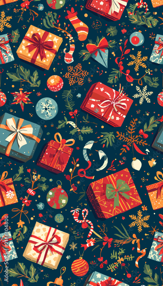 Fototapeta premium A vibrant and festive seamless pattern featuring an array of colorful Christmas gift boxes, snowflakes, holly, and other holiday decorations on a dark blue background.