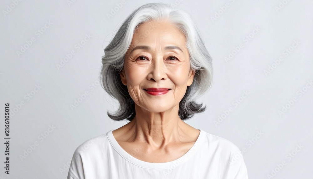 Fototapeta premium Dignified Korean Woman in Her 80s Portrait with White Hair on White Background