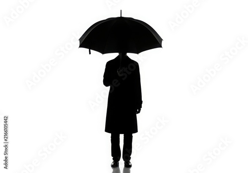 Silhouette person holding black umbrella isolated on white background