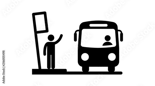Minimalist vector graphic illustration featuring a black silhouette person waving to hail a public transport bus at a stop sign