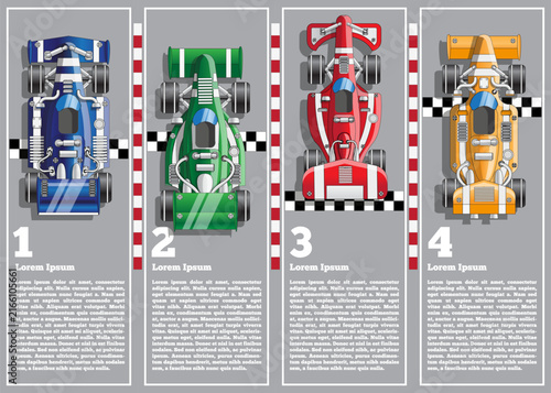 A set of racing cars on the finish line. Top view. The template for the presentation. Vector illustration. 