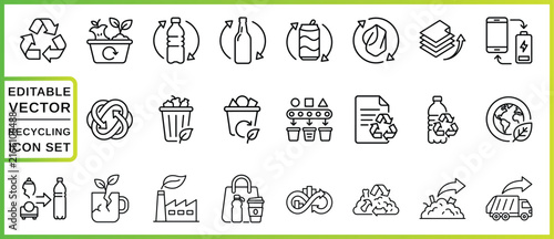Recycling Icon Set Black Line Vector Illustrations On Light Green