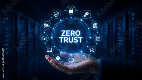 Obraz w ramie Hand holding zero trust cybersecurity network with cloud server room