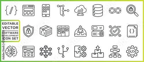 Software Development Icons Set Linear Vector Graphics On Green Background