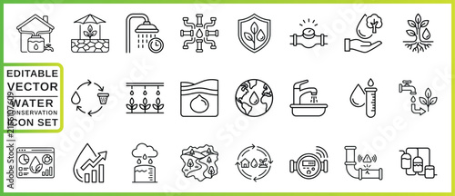 Water Conservation Icon Set Editable Vector Line Art