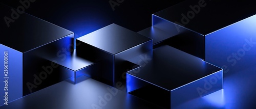 Black stepped geometric 3d shapes with glowing blue neon edge light on dark background futuristic modern abstract tech design for background