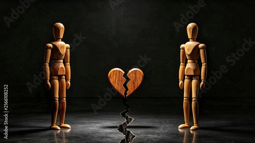 Two Wooden Mannequins and Broken Heart Over Jagged Cracked Surface