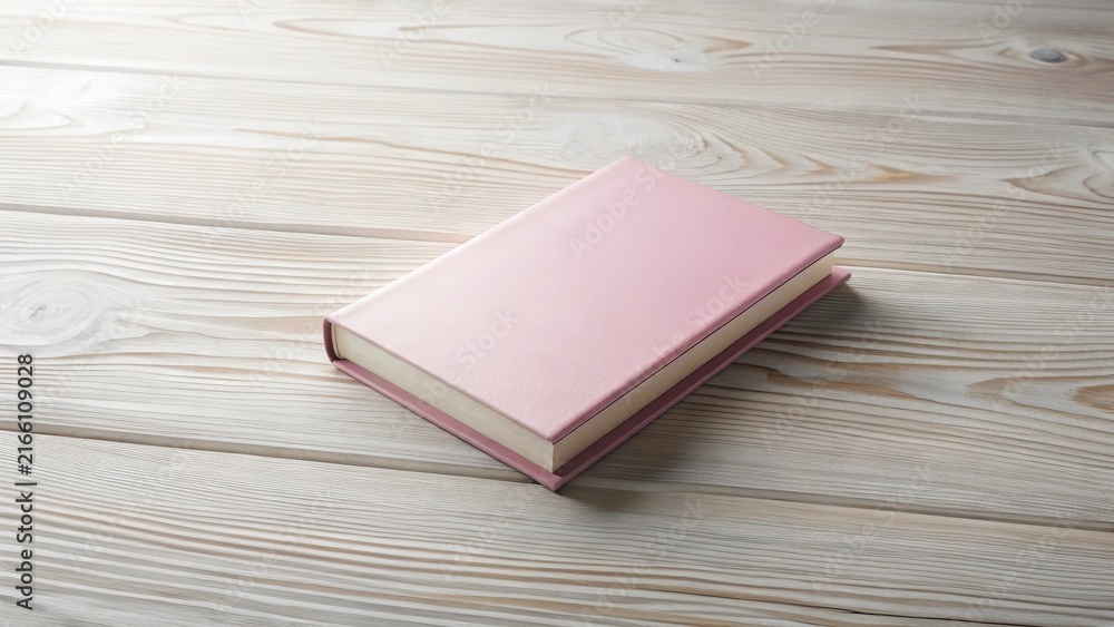 Fototapeta premium Elegant Pink Book on Light Wooden Table Surface in Natural Lighting