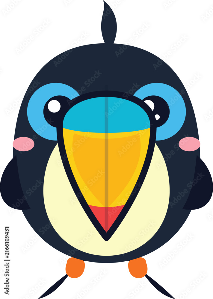 Naklejka premium Cute Baby Toucan Bird Flat Vector Illustration, Tropical Avian Icon for Jungle Animal Design Mascot