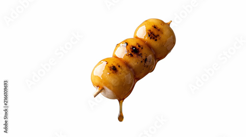 Grilled chicken kushiage on skewer, glazed yakisoba noodles, Japanese street food, appetizer, high angle shot on white background, copy space