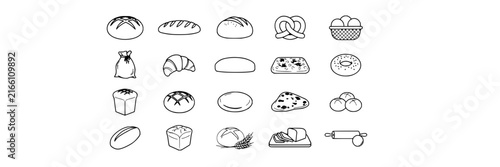 Bread set with various loaves featuring sourdough, baguette, pretzel with croissant and roll
