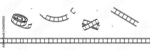 Film strip set with coiled reel, angled segments, and straight line featuring cinema, movie, reel with sprocket, frame and projection