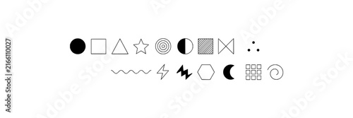 Geometric shapes set with abstract lines and patterns featuring circle, square, triangle, star with crescent moon, hexagon and grid