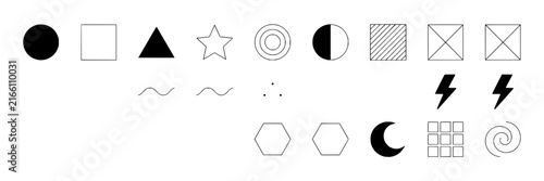 Geometric shapes set with circle, square, triangle, star featuring line, pattern, and symbol with monochrome, abstract, and minimalist