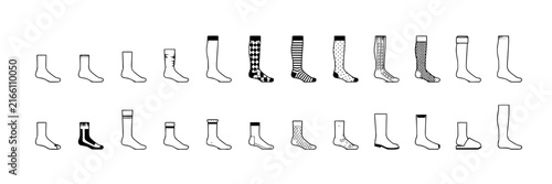 Sock set with various designs featuring ankle socks, knee-high socks, ribbed socks, patterned socks with stripes and polka dots
